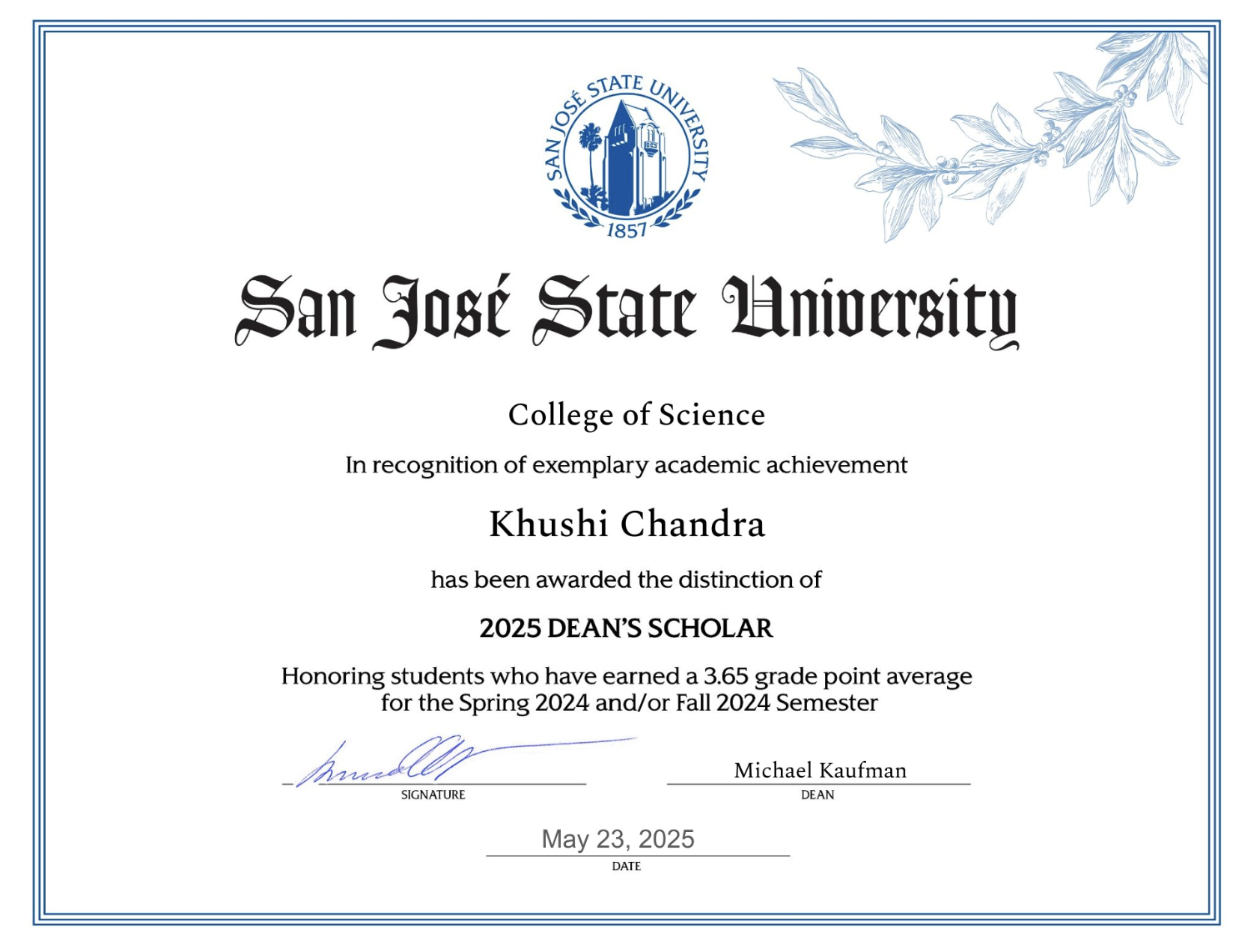 Dean's Scholar Certificate 2024